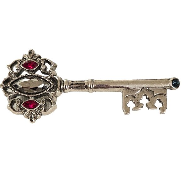 1928 Brand Red Blue Rhinestone Silver Tone Key Brooch Pin L259 - Picture 1 of 10